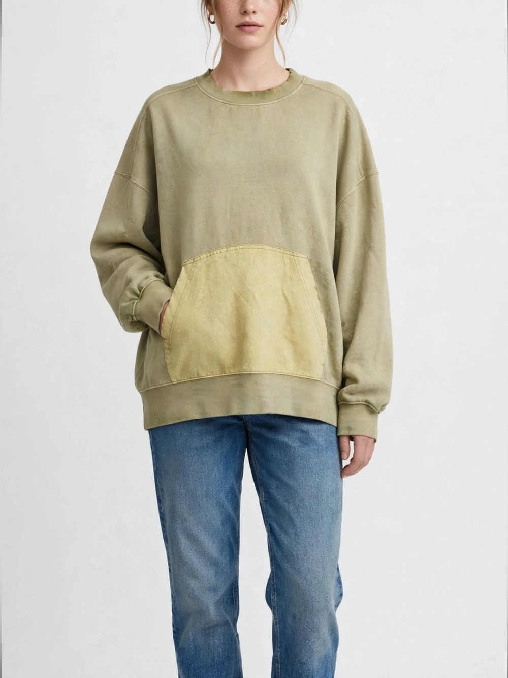 BDG | Washed Green Crewneck Sweater With Kangaroo Pocket